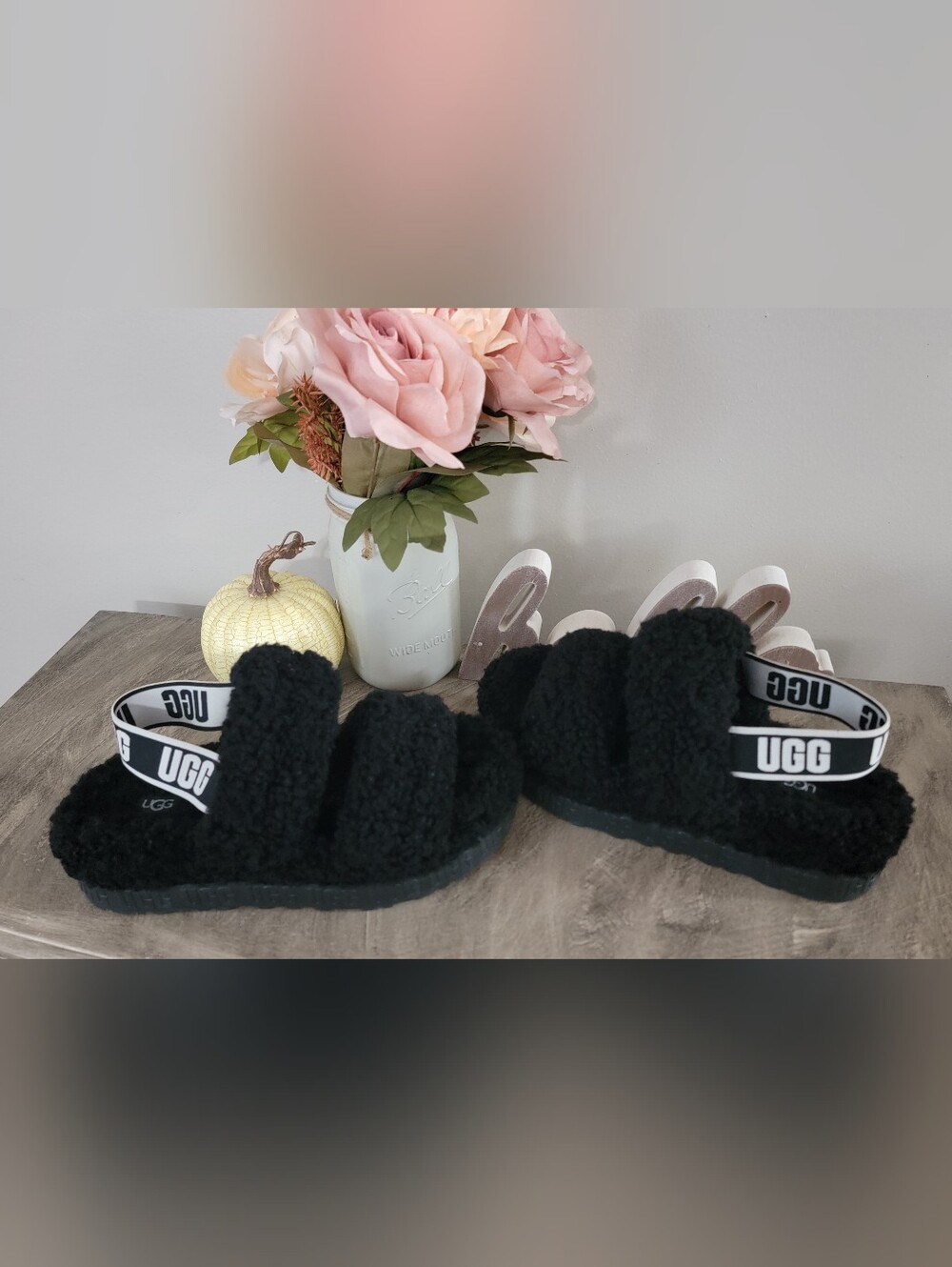 UGG Womens Black Shearling Slide Sandals with Branded Heel Strap